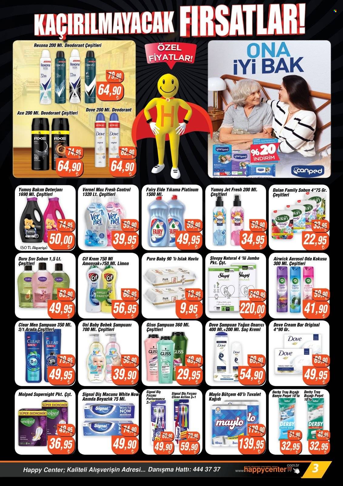 Happy Center aktüel ürünler, broşür  - 5.23.2023 - 5.31.2023 - Satıştaki ürünler - limon, islak havlu, Dove, tuvalet kağıdı, sabun, şampuan, sıvı sabunu, Clear, Axe, diş fırçası, diş macunu, Rexona, deodorant. Sayfa 3.