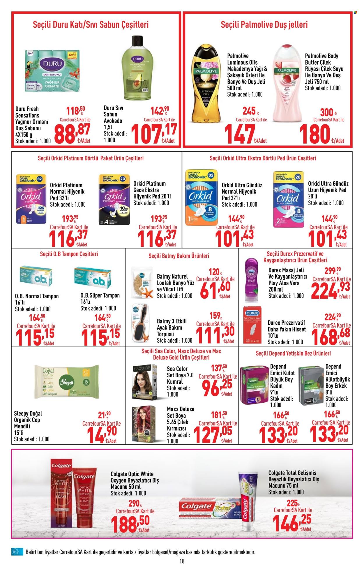thumbnail - Carrefour aktüel ürünler, broşür  - 4.15.2024 - 5.1.2024 - Satıştaki ürünler - avokado, yağı, sabun, sıvı sabunu, duş jeli, beyazlatıcı diş macunu, Colgate, diş macunu, prezervatif, Durex, külot. Sayfa 19.