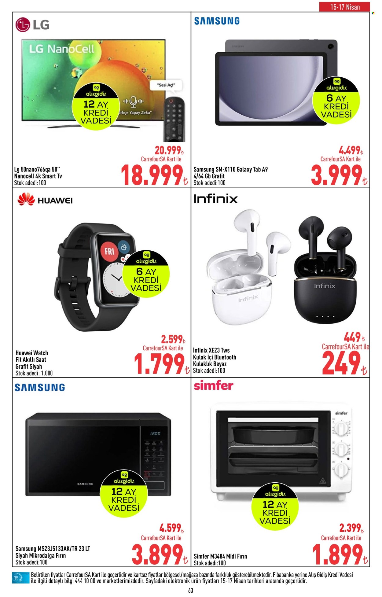 thumbnail - Carrefour aktüel ürünler, broşür  - 4.15.2024 - 5.1.2024 - Satıştaki ürünler - LG, Huawei, Samsung, Smart TV, televizyon, mikrodalga fırın, saat, kulaklık, fırın. Sayfa 64.
