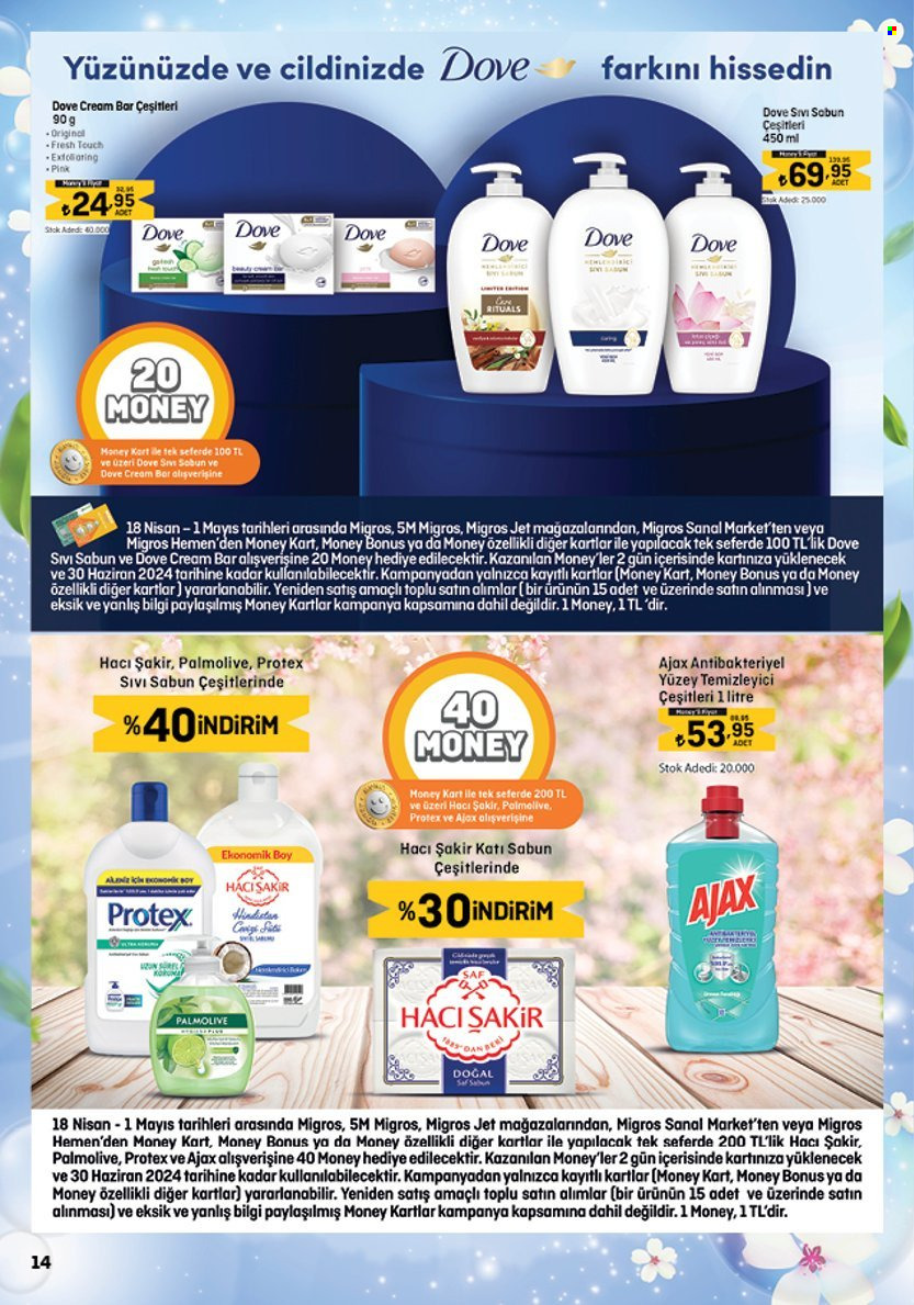 thumbnail - Migros aktüel ürünler, broşür  - 4.18.2024 - 5.1.2024 - Satıştaki ürünler - temizleyici, sabun, sıvı sabunu, Dove. Sayfa 14.