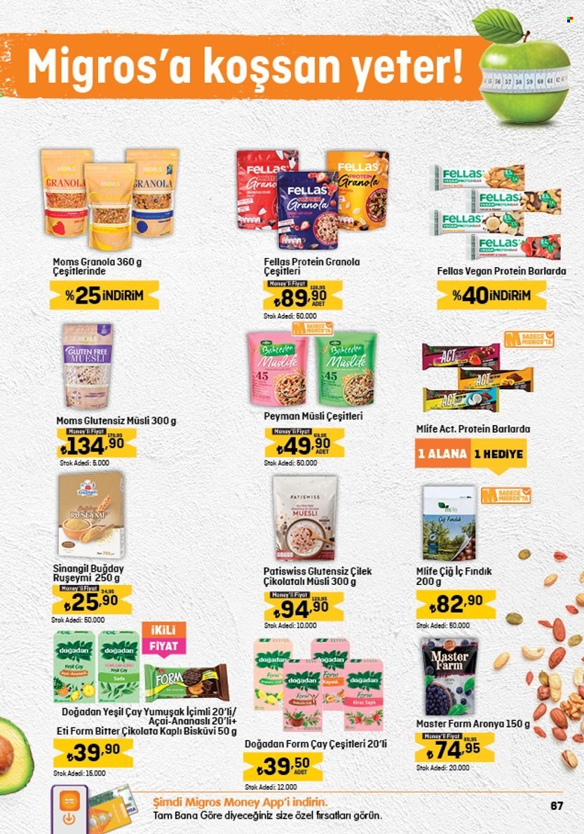thumbnail - Migros aktüel ürünler, broşür  - 4.18.2024 - 5.1.2024 - Satıştaki ürünler - Eti Form, bisküvi, müsli, granola, çay. Sayfa 67.