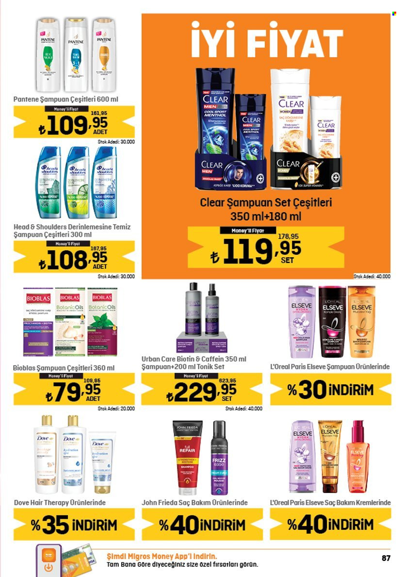 thumbnail - Migros aktüel ürünler, broşür  - 4.18.2024 - 5.1.2024 - Satıştaki ürünler - şampuan, L’Oréal, Head & Shoulders, Clear, Dove, Pantene, biotin. Sayfa 87.