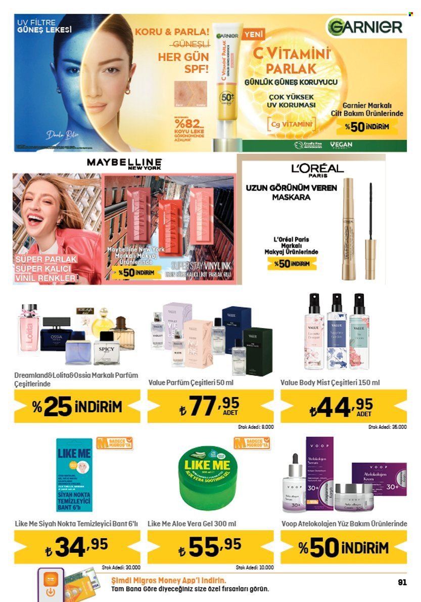 thumbnail - Migros aktüel ürünler, broşür  - 4.18.2024 - 5.1.2024 - Satıştaki ürünler - temizleyici, L’Oréal, Garnier, ruj, maskara, Maybelline, parfüm. Sayfa 91.