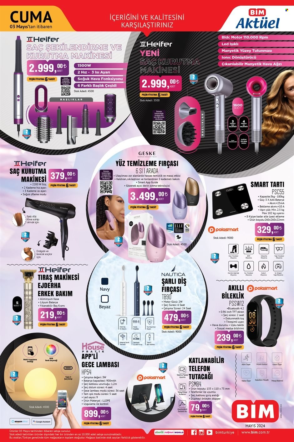 thumbnail - BİM aktüel ürünler, broşür  - Satıştaki ürünler - diş fırçası, tıraş makinesi, saç kurutma makinesi, led ışık. Sayfa 1.