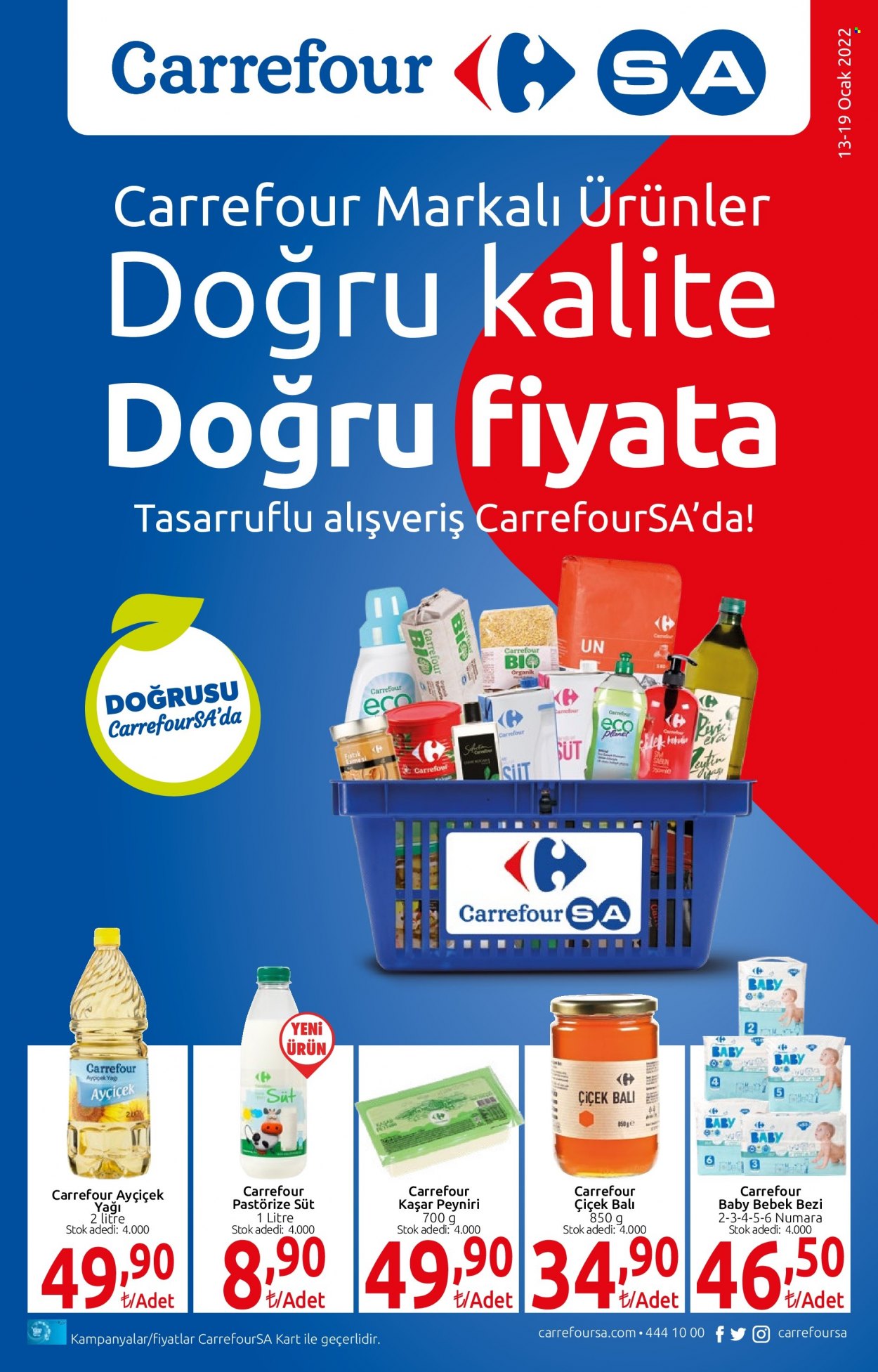 Carrefour aktüel ürünler, broşür  - 1.13.2022 - 1.19.2022 - Satıştaki ürünler - süt, yağı, sabun, kart, kaşar peyniri, çiçek, çiçek balı, bebek bezi, ayçiçek yağı. Sayfa 1.