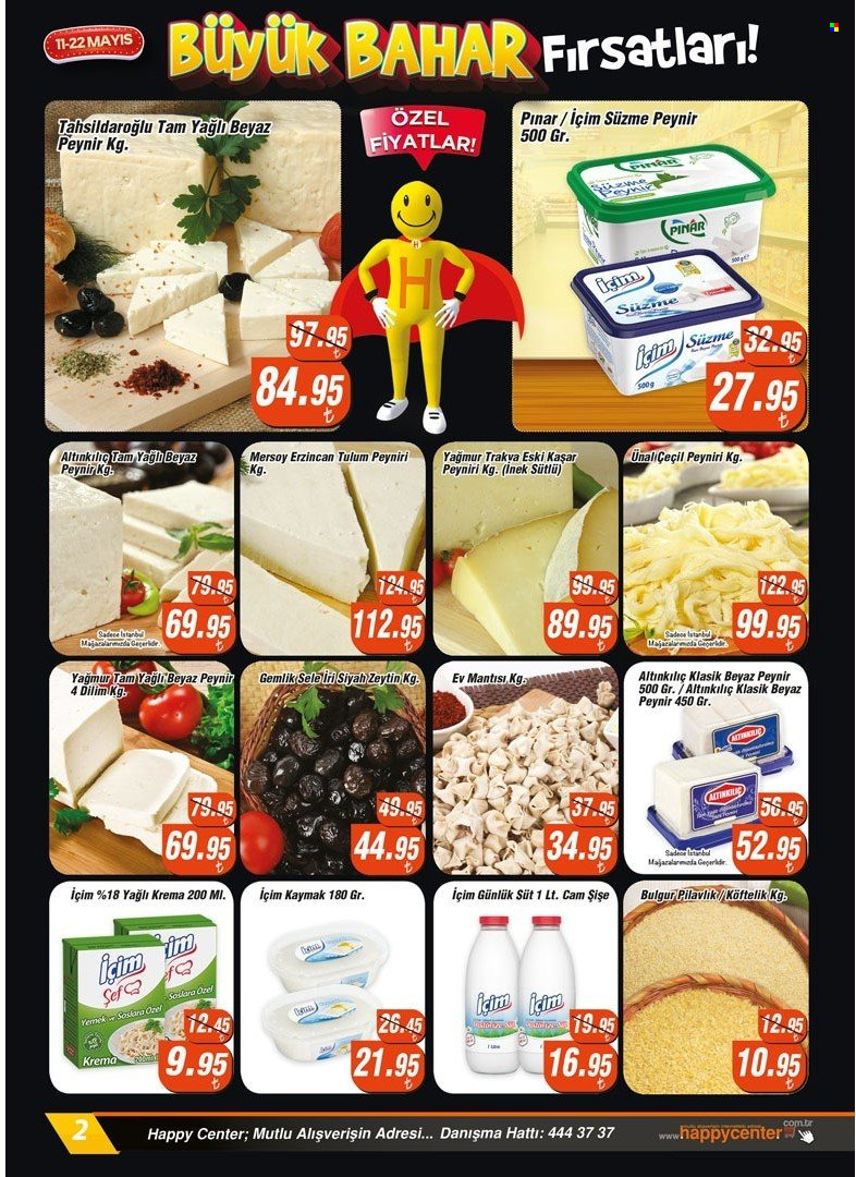 Happy Center aktüel ürünler, broşür  - 5.11.2022 - 5.22.2022 - Satıştaki ürünler - süt, yağı, tulum, siyah zeytin, süzme peynir, tahsildaroglu, pinar, krema, içim, içim kaymak, kaşar peyniri, kaymak, beyaz peynir, zeytin, eski kasar. Sayfa 2.