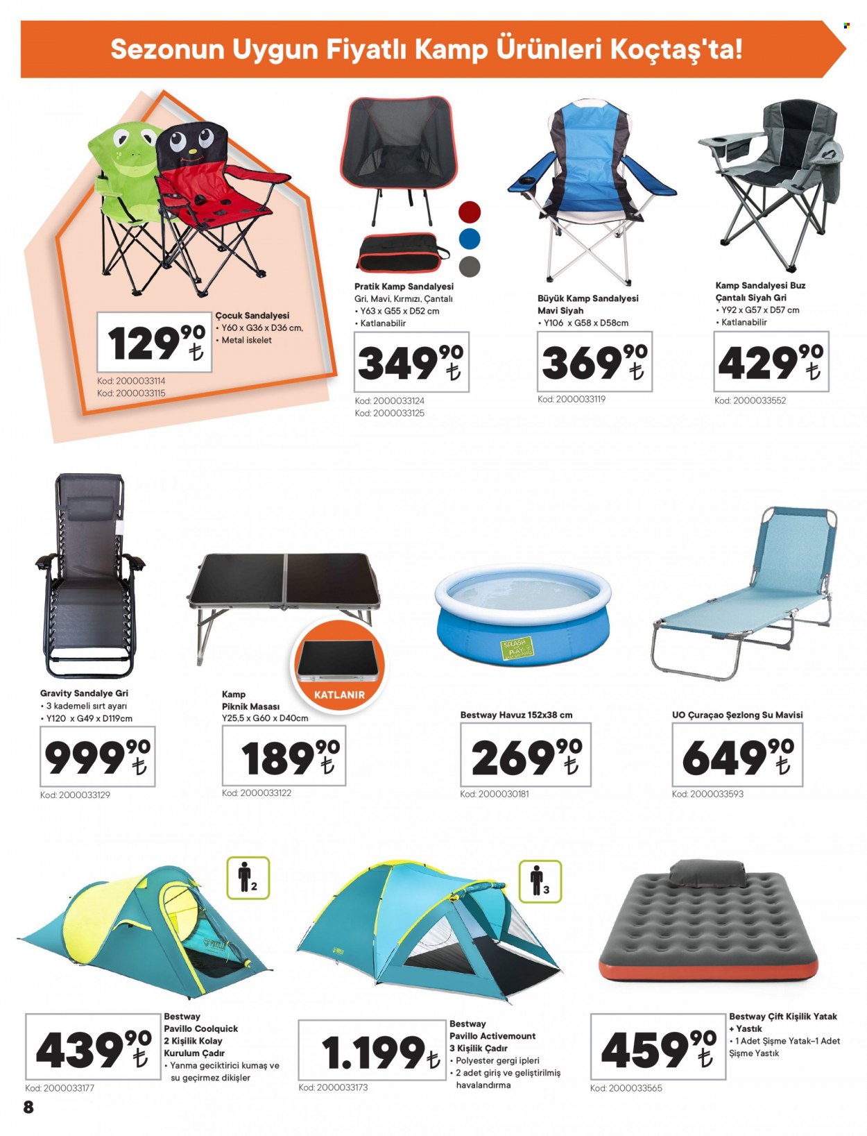Koçtaş aktüel ürünler, broşür  - 6.9.2022 - 7.6.2022 - Satıştaki ürünler - sandalye, havalandırma, çadırlar, yatak, kamp sandalyesi. Sayfa 8.